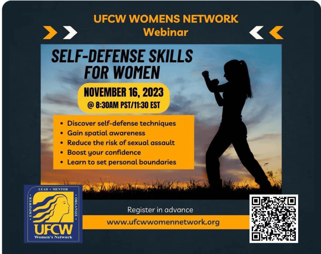 Self-defense skills for women webinar poster with date and registration info.
