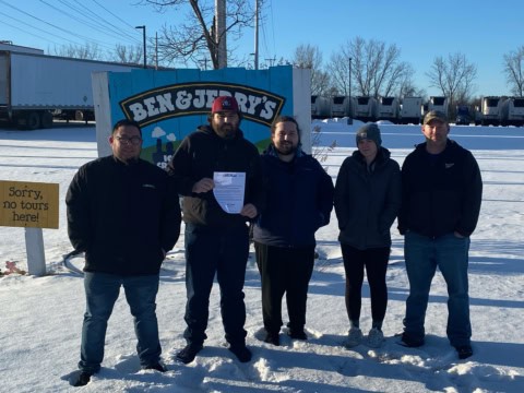 Ben & Jerry's workers standing outside the plant in winter.